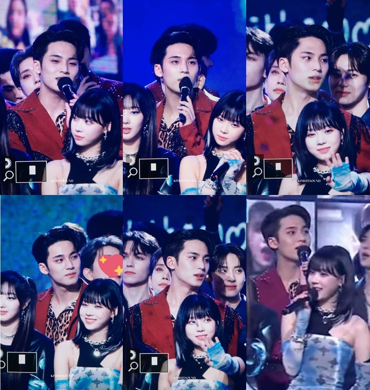 Potret Winter aespa berdiri di depan Mingyu SEVENTEEN kala menyanyi bersama di KBS Song Festival 2021 bersama semua bintang tamu