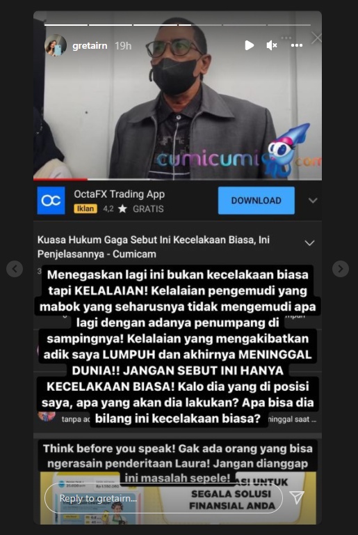 Pengacara Sebut Gaga dan Laura Cuma Alami Kecelakaan Biasa, Greta Irene Tak Terima