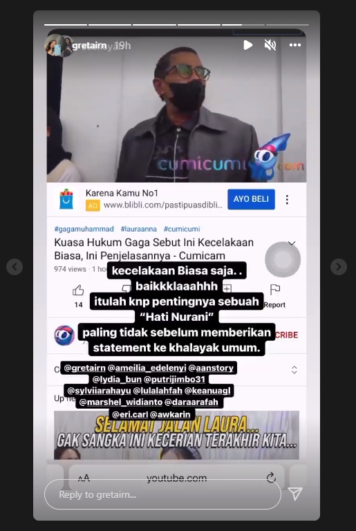Pengacara Sebut Gaga dan Laura Cuma Alami Kecelakaan Biasa, Greta Irene Tak Terima