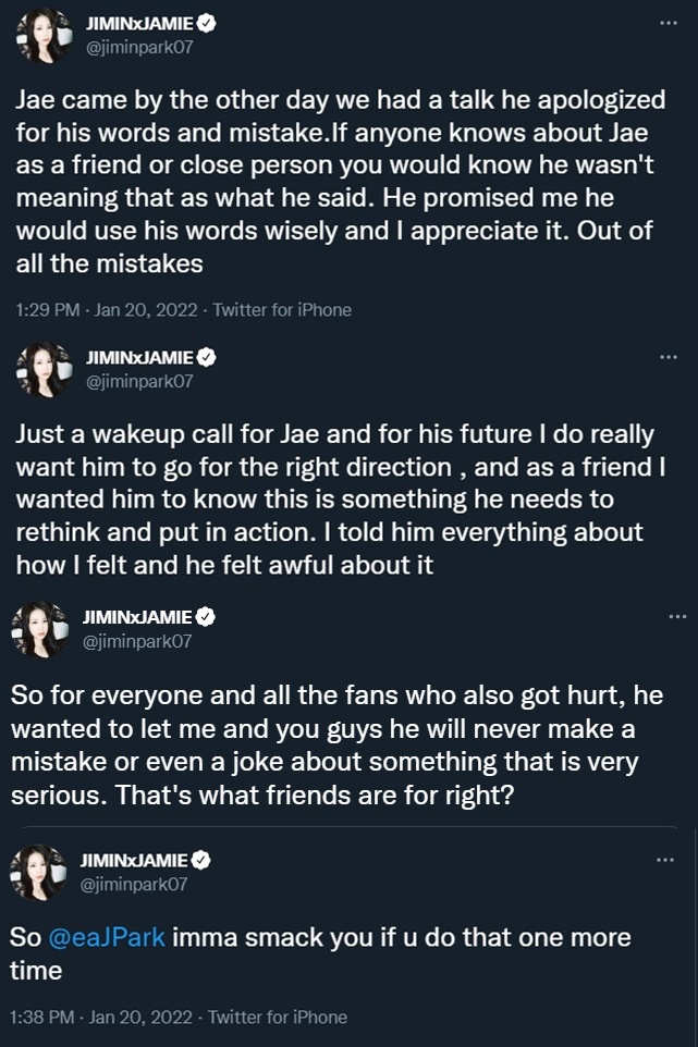 Jamie menceritakan mengenai hubungan pertemanannya dengan Jae eks DAY6 usai kontroversi