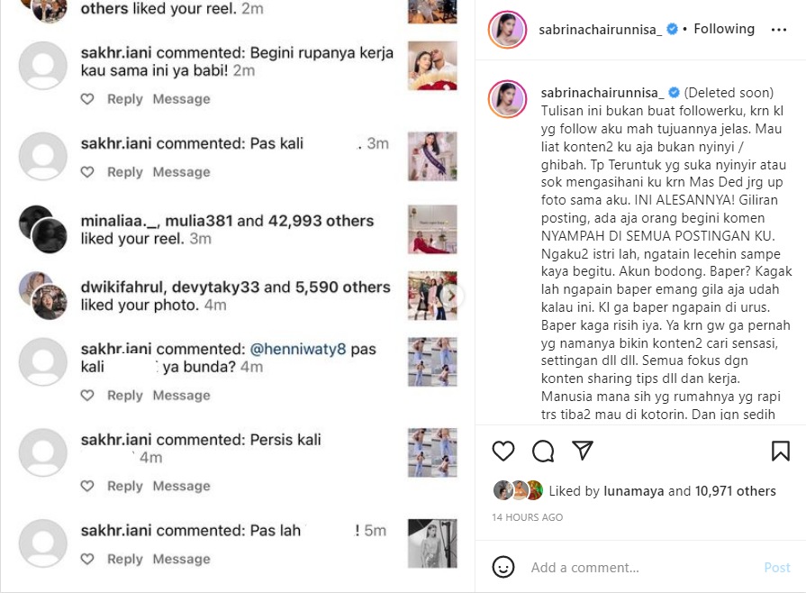Sabrina Chairunnisa Unggah Komentar \'Sadis\' Haters, Beri Peringatan Ini