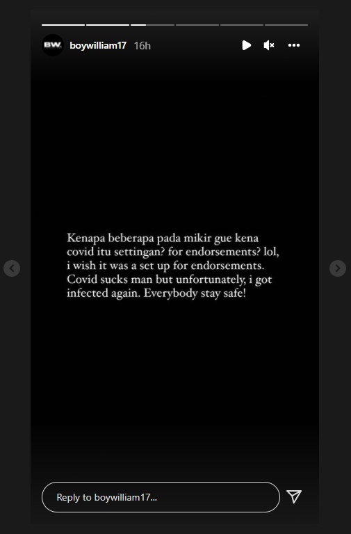 Terinfeksi Covid-19 Dituding Settingan, Boy William Bilang Begini